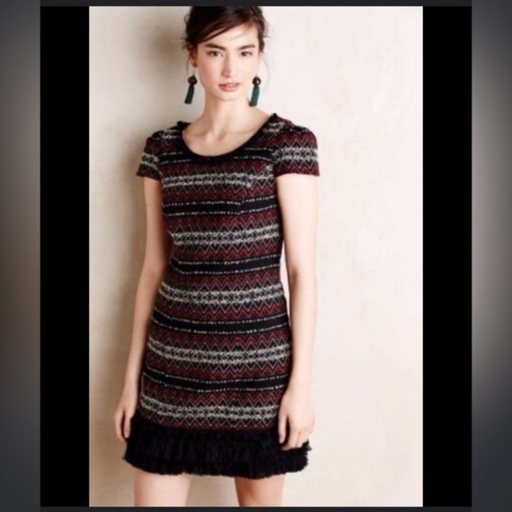 Anthropologie Vanessa Virginia Jinete Pom Wool Blend Fringe Black Red Midi Dress